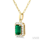 6x4 MM Octagonal Shape Emerald and 1/6 Ctw Round Cut Diamond Halo Precious Pendant with Chain in 14K Yellow Gold